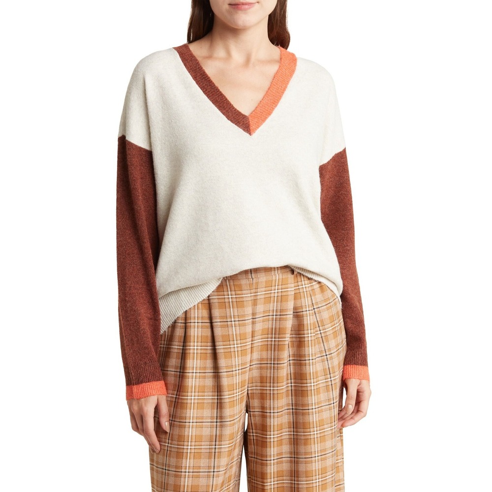Melrose and Market Womens Colorblock‎ V-Neck Sweater Cream Brown Coral Small NEW